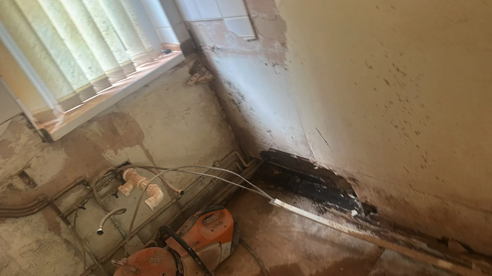 Floor edge and lower wall exposed during room strip out preparation